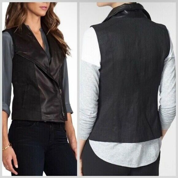 VINCE LEATHER AND LINEN ASYMMETRICAL MOTO VEST - Picture 1 of 14
